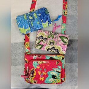 Set Of 3 Vera Bradley 1 Red Rumba Floral Purse 2 Wallets Pink Blue Colorful Logo